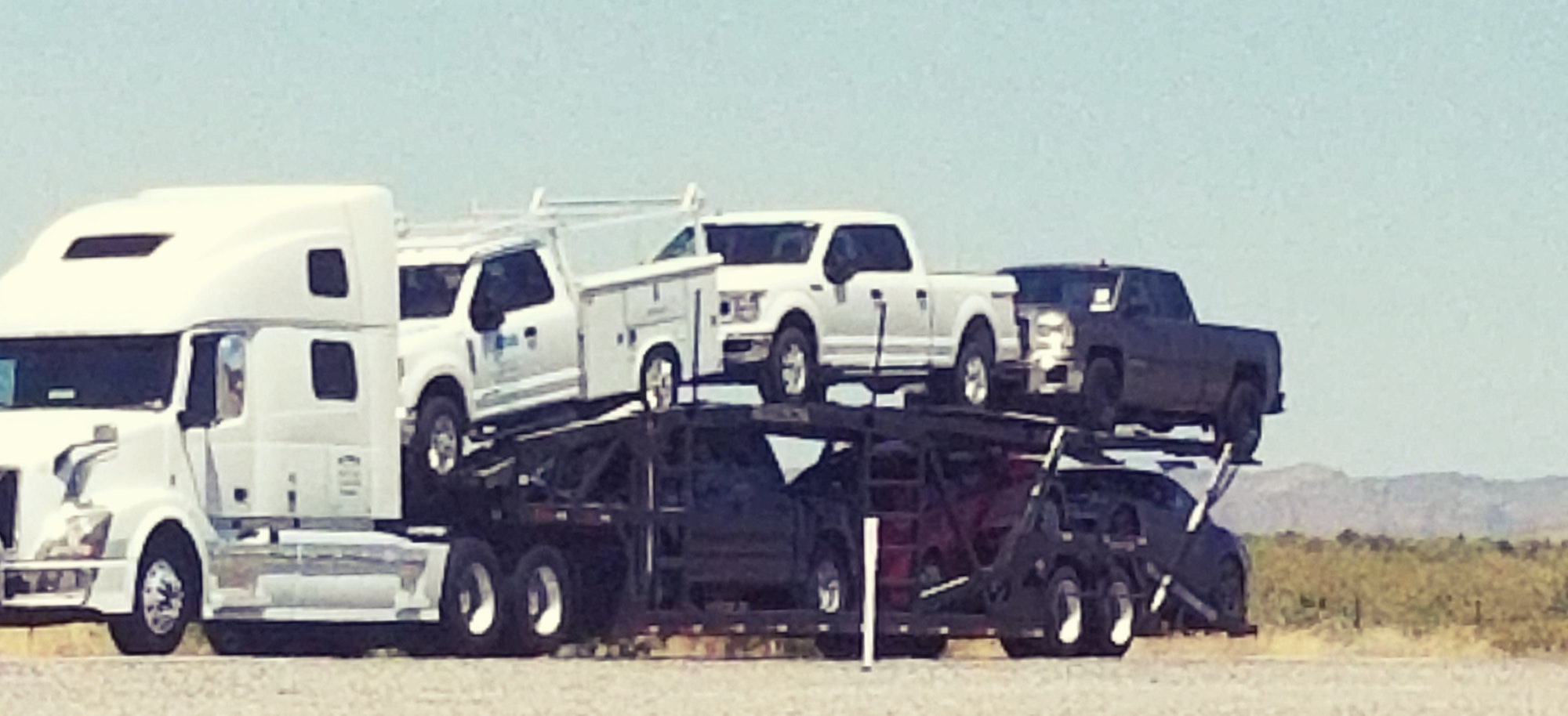 Big Rig Semi Truck Hauling Car Hauler Trailer Filled with Pick Up Trucks!